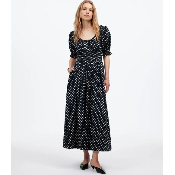 Madewell Dresses & Skirts - Madewell Shibori Dot Dress Print Puff Sleeve Smocked Midi A-Line Black Pink 12